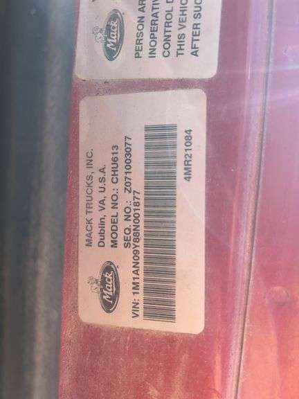 2008 Mack CHU613 showing 55,705 mi, 14,199 hrs- runs