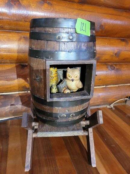MINI WOODEN KEG SIDE TABLE & CERAMIC OWLS