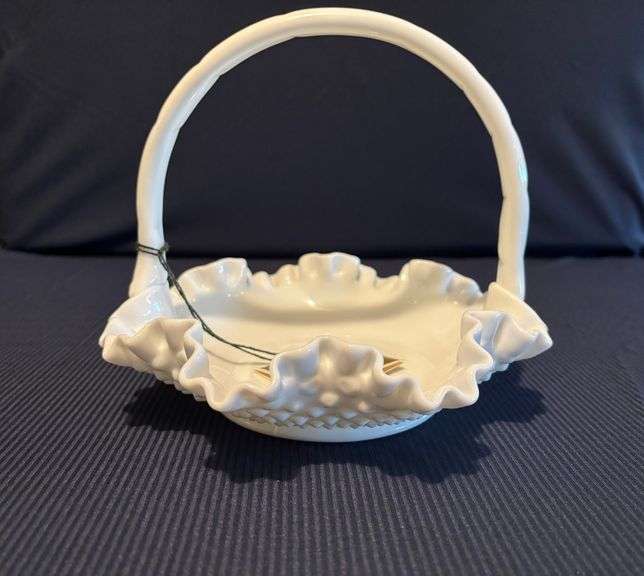 6 1/2" Fenton Hobnail milk glass handled basket