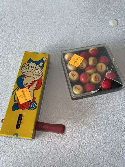 Vintage Tin Noise Maker and Numbered Game Pieces