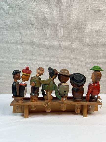Vintage Hand-Carved Italian “Corkscrew Men” Moving Bottle Stopper Display – 6 Pc Automata Set