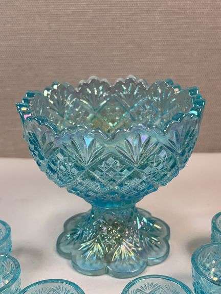 Westmoreland Blue Iridescent Mini Punch Bowl Set w/ 6 Cups – Daisy & Button Pattern