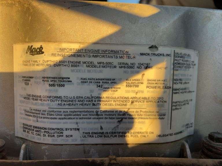 2014 Mack CXU613 showing 665,241, 14,352 hrs- runs