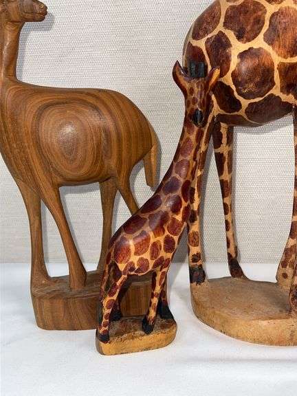 Lot of 3 Hand-Carved African Wooden Animals – Giraffe Family & Gazelle Figures