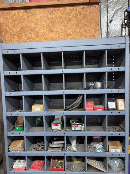 Metal Bolt bin w/ contents including screws, nuts, bolts & more