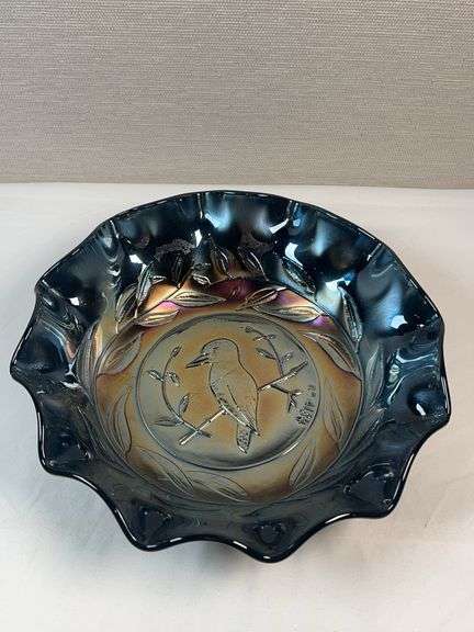 CARNIVAL GLASS KINGFISHER.  SMALL SCUFF ON BACK