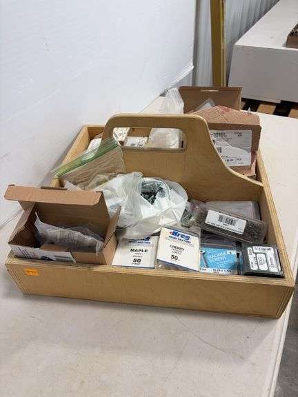 Wooden organizer box w/ fasteners, misc. hardware & more