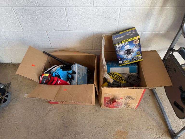 Boxes of Miscellaneous; gloves Light Fixtures, funnel