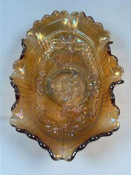 Imperial Marigold Carnival Glass “Lustre Rose” Oval Relish