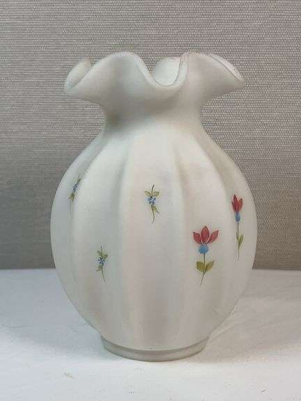 Fenton Satin Glass Handpainted Signed Ruffle Melon Vase