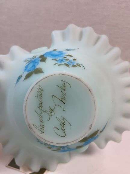 FENTON BLUE SATIN HAND PAINTED ROSES SIGNED BASKET