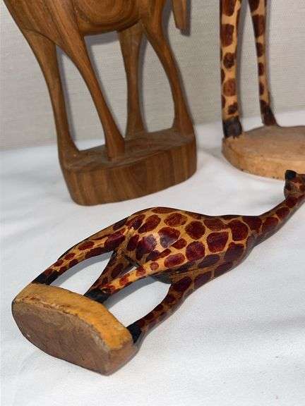 Lot of 3 Hand-Carved African Wooden Animals – Giraffe Family & Gazelle Figures