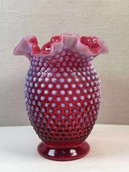 FENTON CRANBERRY OPALESCENT HOBNAIL VASE