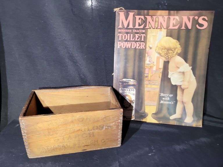 EARLY DOVE -TAILED WOOD BOX & METAL SIGN