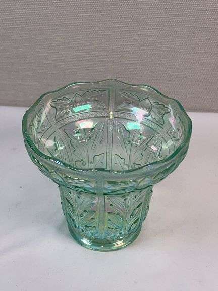Jeannette “Iris & Herringbone” Iridescent Green Vase / Spooner