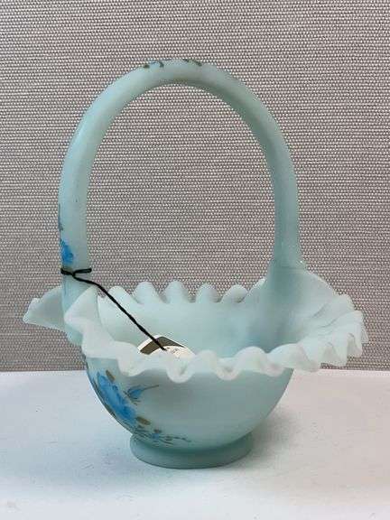 FENTON BLUE SATIN HAND PAINTED ROSES SIGNED BASKET