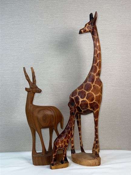 Lot of 3 Hand-Carved African Wooden Animals – Giraffe Family & Gazelle Figures