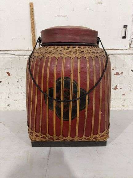 Red bamboo lidded basket
