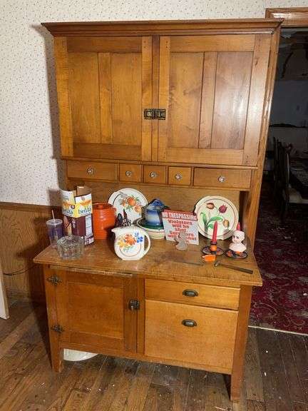 Antique Hoosier cabinet w/ glassware & remaining contents of kitchen