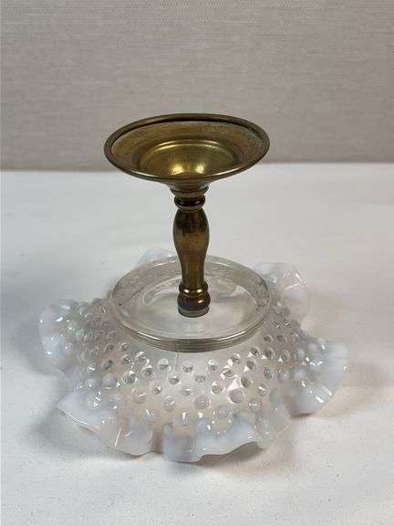 Fenton Hobnail Milk Glass Compote on Brass Base