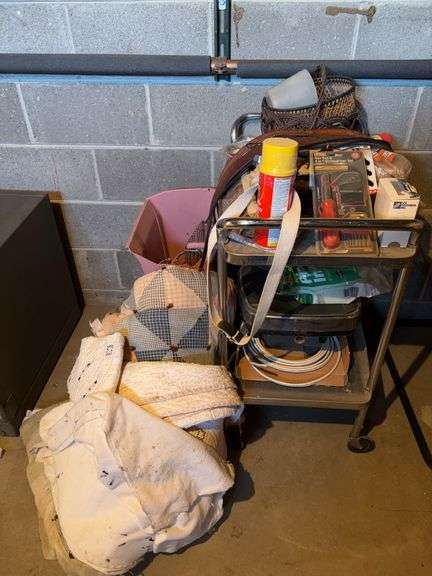 Metal tea cart, tools, quilts, and miscellaneous