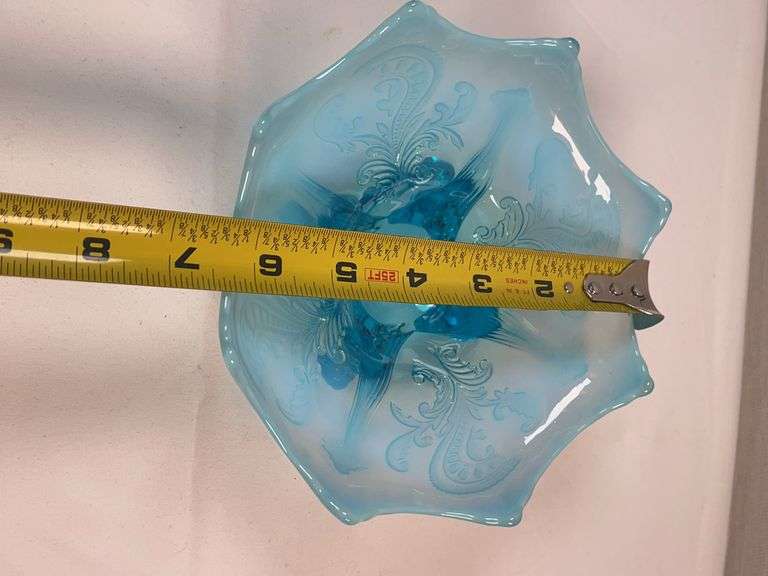 DUGAN BLUE OPALESCENT FOOTED NOVELTY BOWL