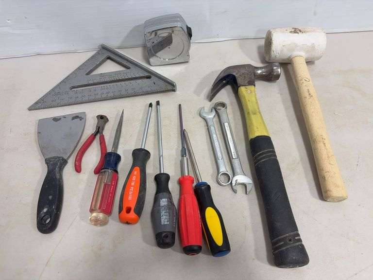 Flat of tools including hammer, mallet, screwdriver & more