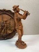 PIED PIPER OF HAMELIN CARVED FIGURINE AND PLATE.  GERMAN ORIGIN