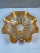 MARIGOLD CARNIVAL GLASS DAISY AND PLUME