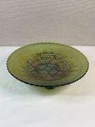 Northwood Green Grape & Cable Carnival Glass Footed Bowl