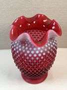 FENTON CRANBERRY OPALESCENT HOBNAIL VASE