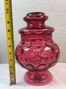Fenton Pink Cranberry Glass Apothecary Canister Pink Dish Thumbprint Glass