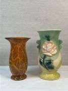 Pair of Vintage Vases – Amber Art Glass & USA Rose Pottery