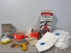 Lot of shop supplies including scotch tape dispenser, fire extinguisher, paint suits and more
