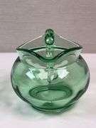 PAIR OF GREEN GLASS HEISEY CREAM AND SUGARS. NO LIDS