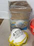 Lot of shop supplies including scotch tape dispenser, fire extinguisher, paint suits and more