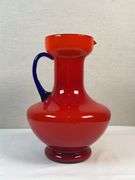 Murano Cased Red Art Glass Pitcher with Cobalt Handle