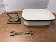 Geneva hand fluter and stoneware tin and wrench