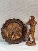 PIED PIPER OF HAMELIN CARVED FIGURINE AND PLATE.  GERMAN ORIGIN