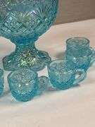Westmoreland Blue Iridescent Mini Punch Bowl Set w/ 6 Cups – Daisy & Button Pattern