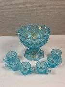 Westmoreland Blue Iridescent Mini Punch Bowl Set w/ 6 Cups – Daisy & Button Pattern