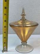 Lancaster Marigold Carnival Glass Covered Compote