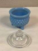 Fenton Blue Opalescent Hobnail Footed Toothpick Holder w/ Lid