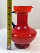 Murano Cased Red Art Glass Pitcher with Cobalt Handle