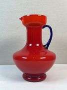 Murano Cased Red Art Glass Pitcher with Cobalt Handle