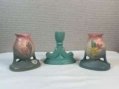 Mid-Century Art Pottery Group – Floral Vases & Turquoise Candlestick