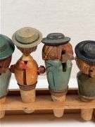 Vintage Hand-Carved Italian “Corkscrew Men” Moving Bottle Stopper Display – 6 Pc Automata Set