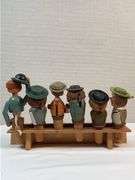 Vintage Hand-Carved Italian “Corkscrew Men” Moving Bottle Stopper Display – 6 Pc Automata Set