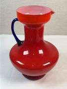 Murano Cased Red Art Glass Pitcher with Cobalt Handle