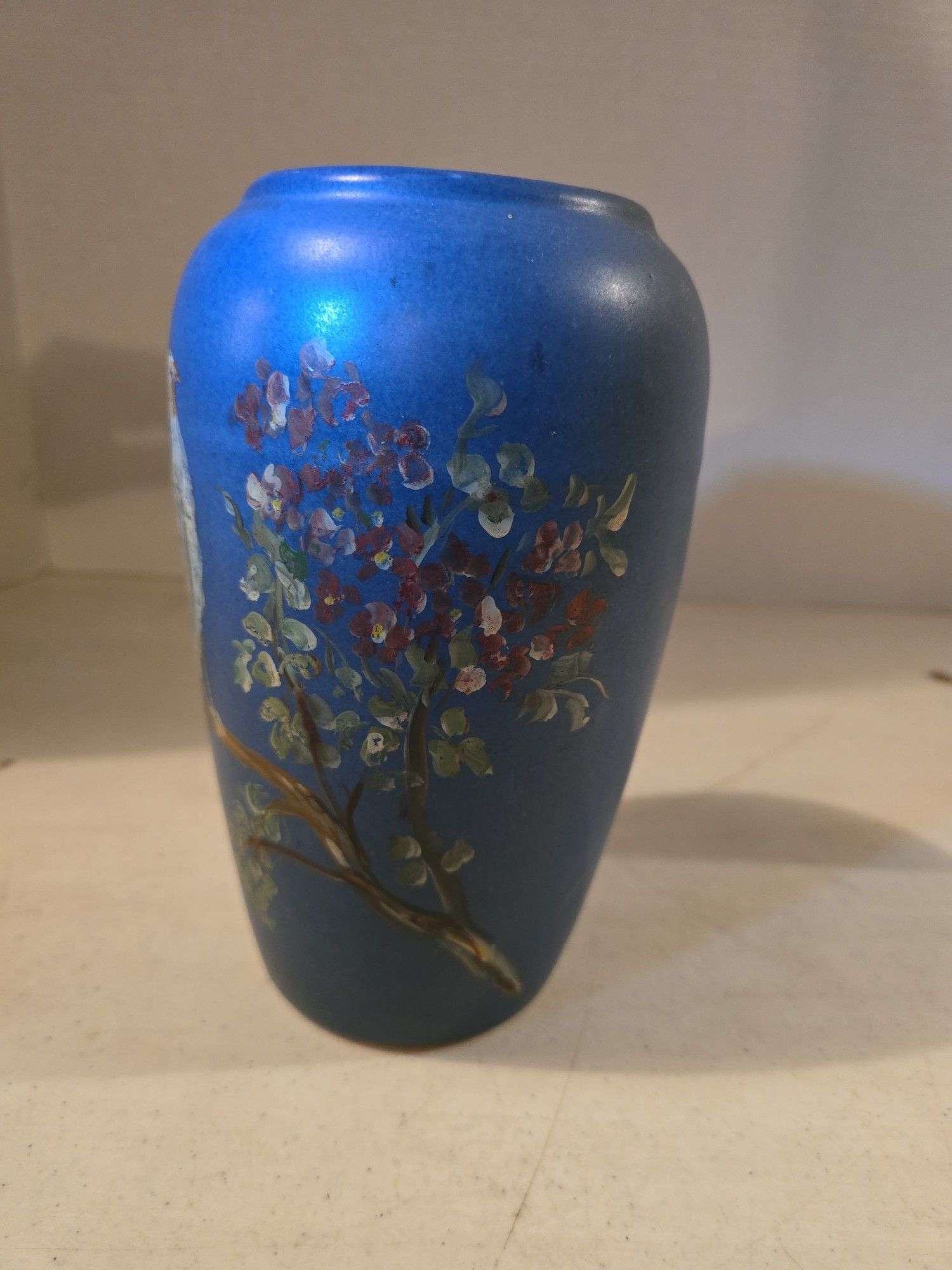 VINTAGE HAND PAINTED PEACOCK POTTERY VASE 8" TALL
